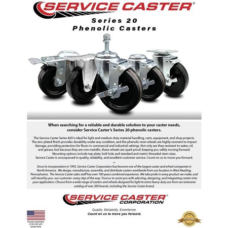 Service Caster 6 Inch Phenolic Wheel Swivel 34 Inch Threaded Stem Caster Set with Brake SCC SCC-TS20S615-PHS-TLB-34212-4